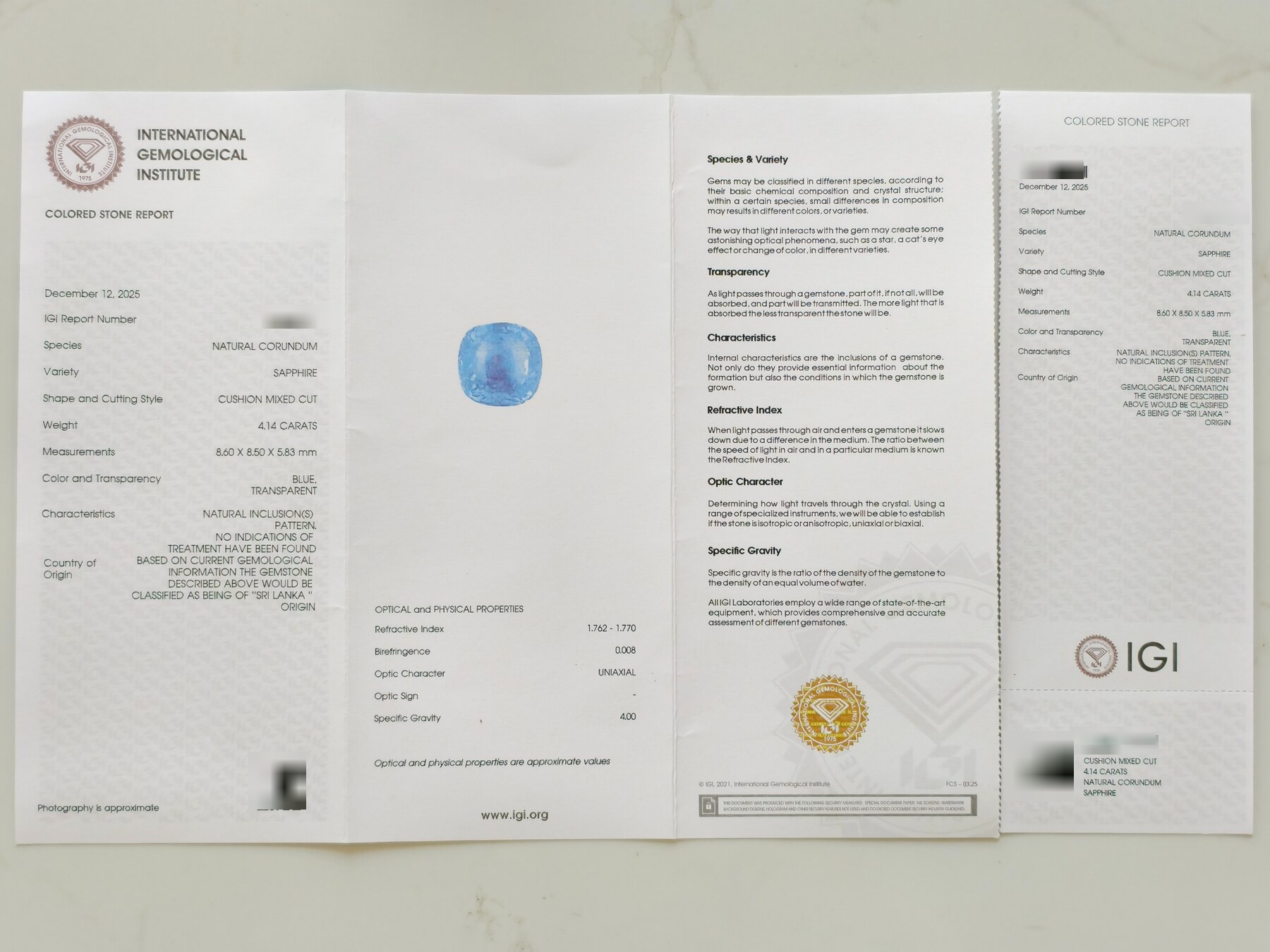 Отчёт IGI на сапфир 4.14 ct